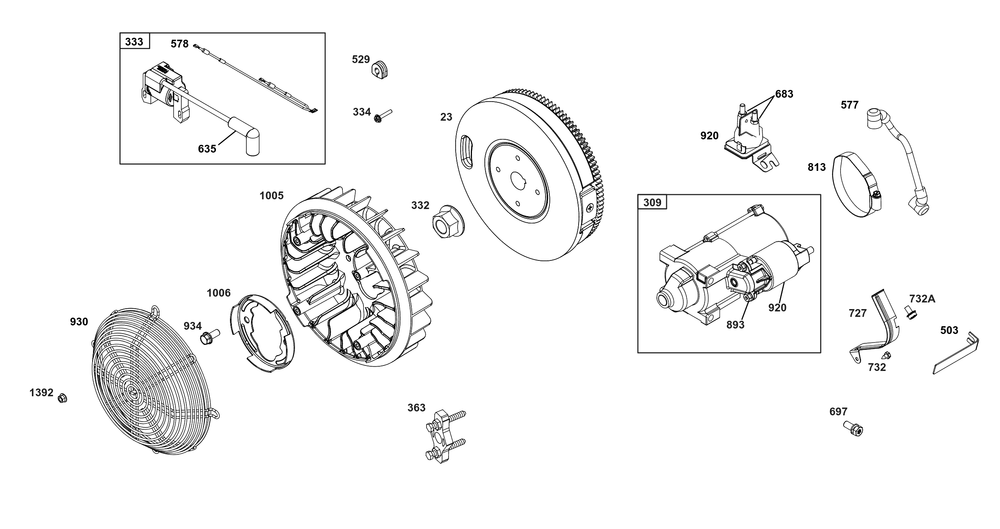 Flywheel, Ignition, And Starter Group Diagram and Parts List for 358447-0110-01 200000 - 399999 Briggs and Stratton Engine